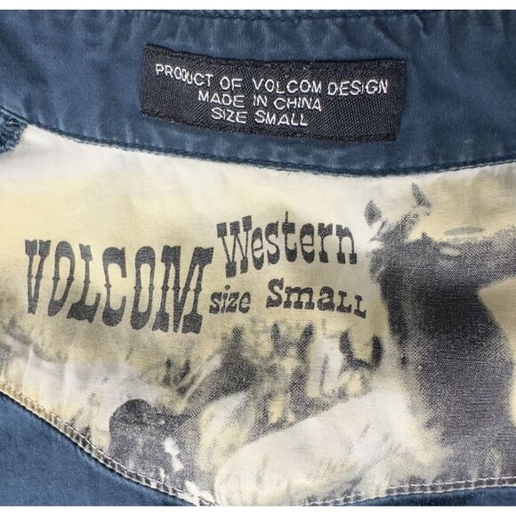 Volcom Western Shirt Men S Blue Denim Short-Sleeve Cotton Pearl Snap Button - Picture 6 of 12